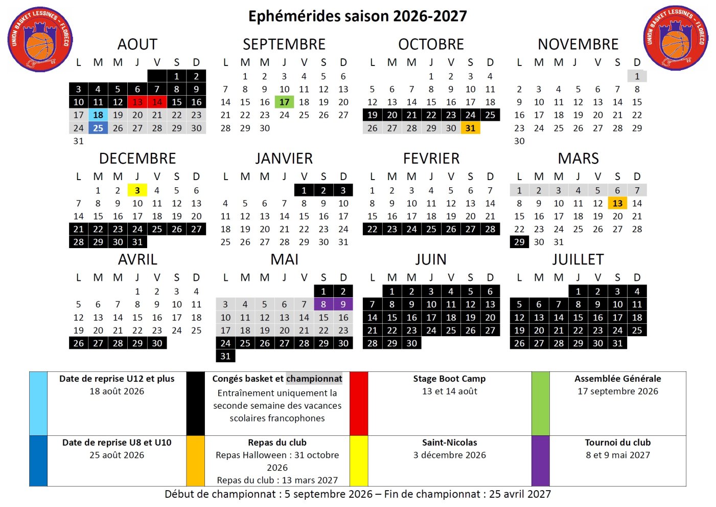 Ephémérides saison 2026-2027