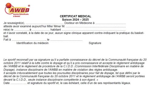 Certificat médical saison 2026-2027